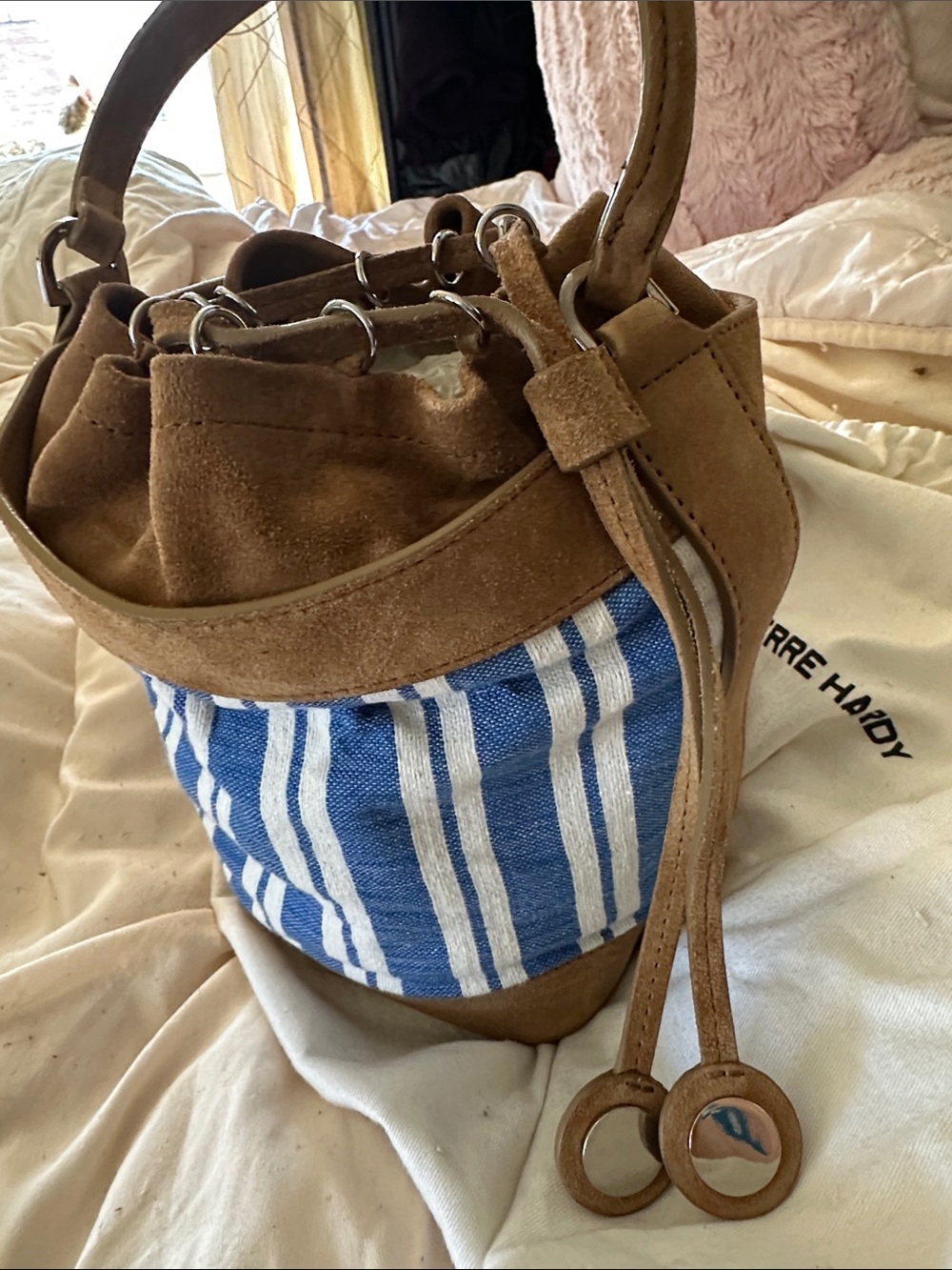 Pierre Hardy Brown Suede and Blue Striped Bucket Bag with Strap